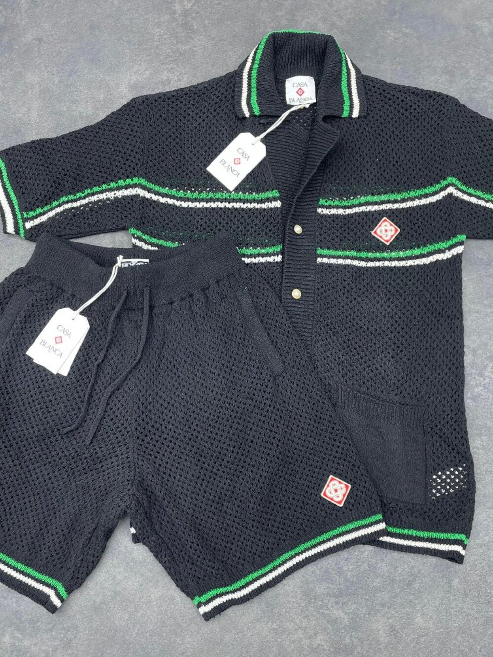Casablanca Men's Black Knit Shirt & Shorts Set Green White Trim- Size XXL - Picture 4 of 10